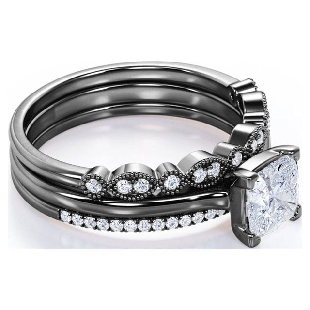 JeenMata 3.25 Carat Princess Wedding Ring Set - Bridal Set - Wedding Trio Set - Engagement Ring - Art Deco Ring - Promise Ring - Sterling Silver