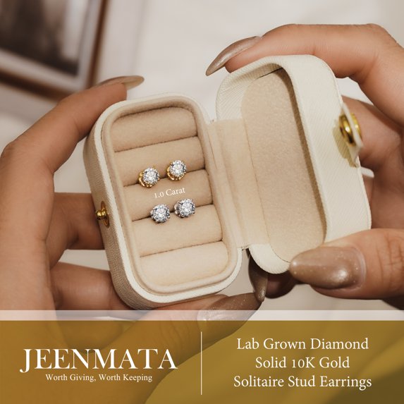 JeenMata Lab Grown Diamond Earrings 1 Carat Round Cut Real Solid 10K White Gold Solitaire Studs for Women