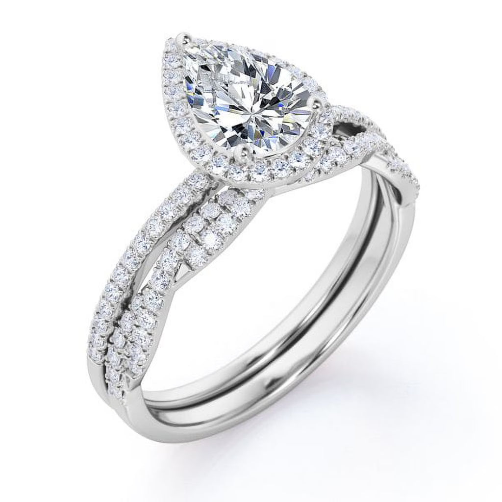 JeenMata 1.25 Carat Pear Cut Lab Grown Diamond Bridal Ring Set in 10K White Gold - Halo Engagement Ring and Wedding Band Set for Women