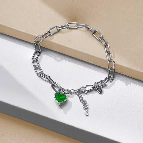 JeenMata 3 Carat May Heart & Key Charm Birthstone Bracelet - 18K White Gold Plating for Women