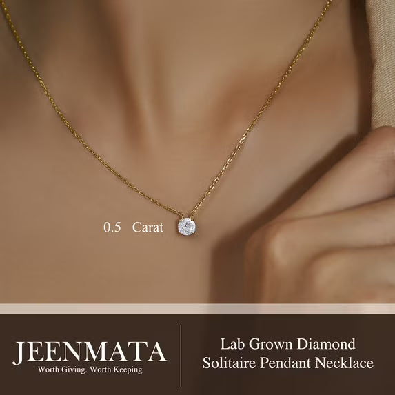 JeenMata Lab Grown Diamond 0.50 Carat Round Cut Classic Solitaire Pendant Necklace - in 18K Yellow Gold Plating for Women