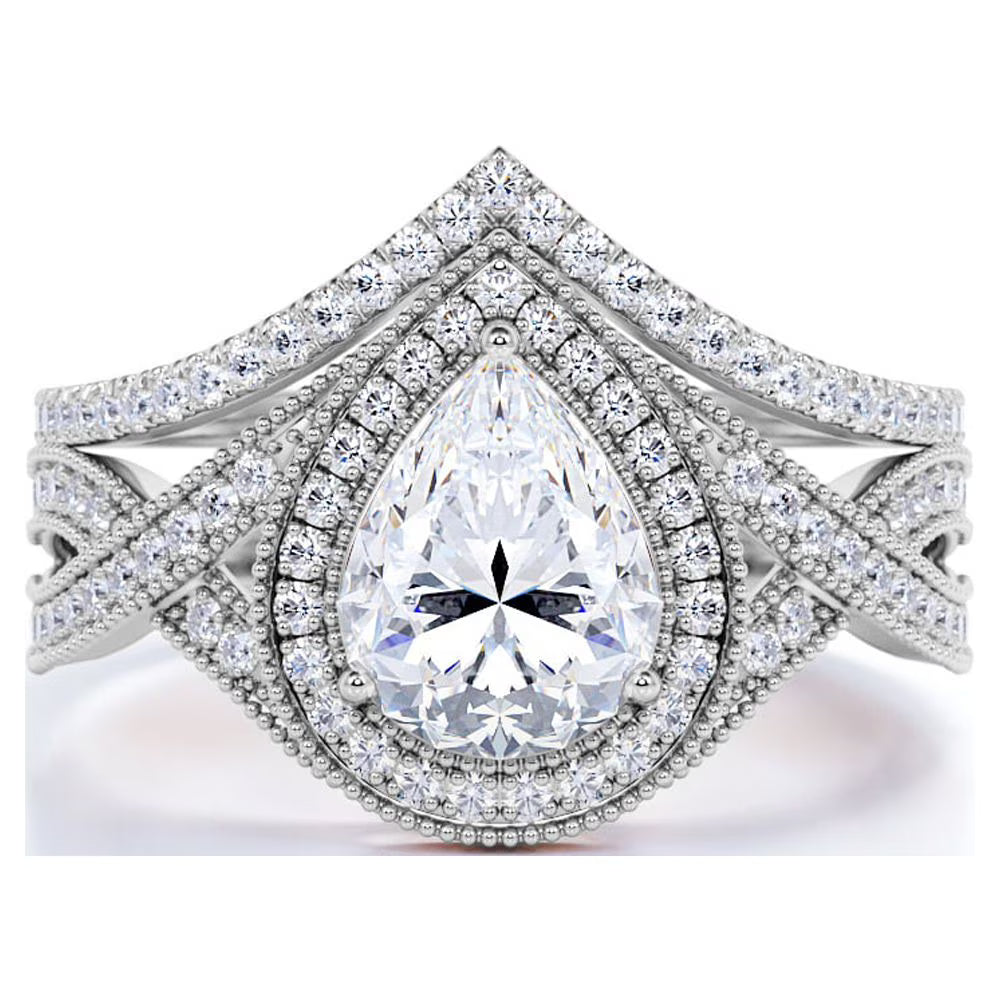 JeenMata 1.5 Carat Pear Cut Moissanite Wedding Set - Bridal Set - Art Deco Ring - Halo Ring - Cluster Ring - 18k White Gold Plated for Women