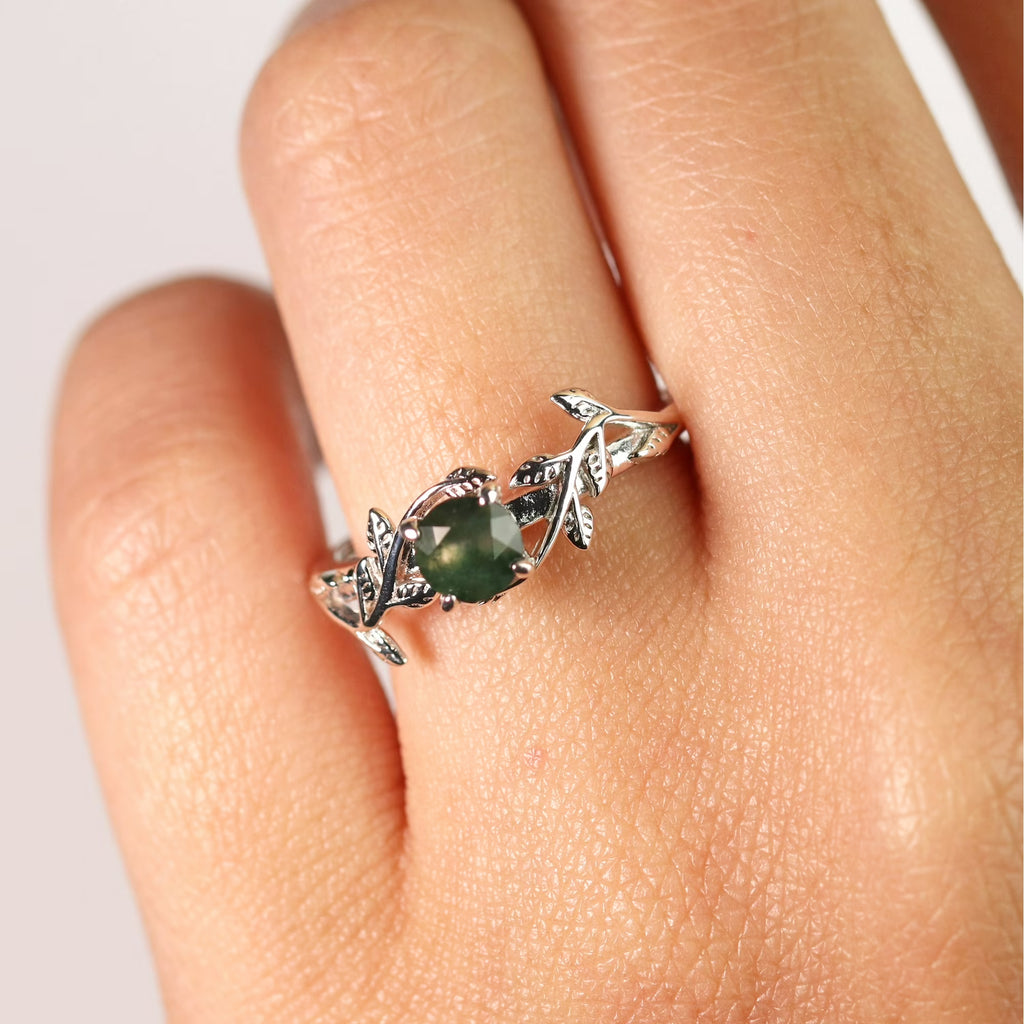 JeenMata Nature Inspired 0.50 Carat Natural Green Moss Agate Solitaire Engagement Ring - Forest Ring - 18K White Gold Plating for Women