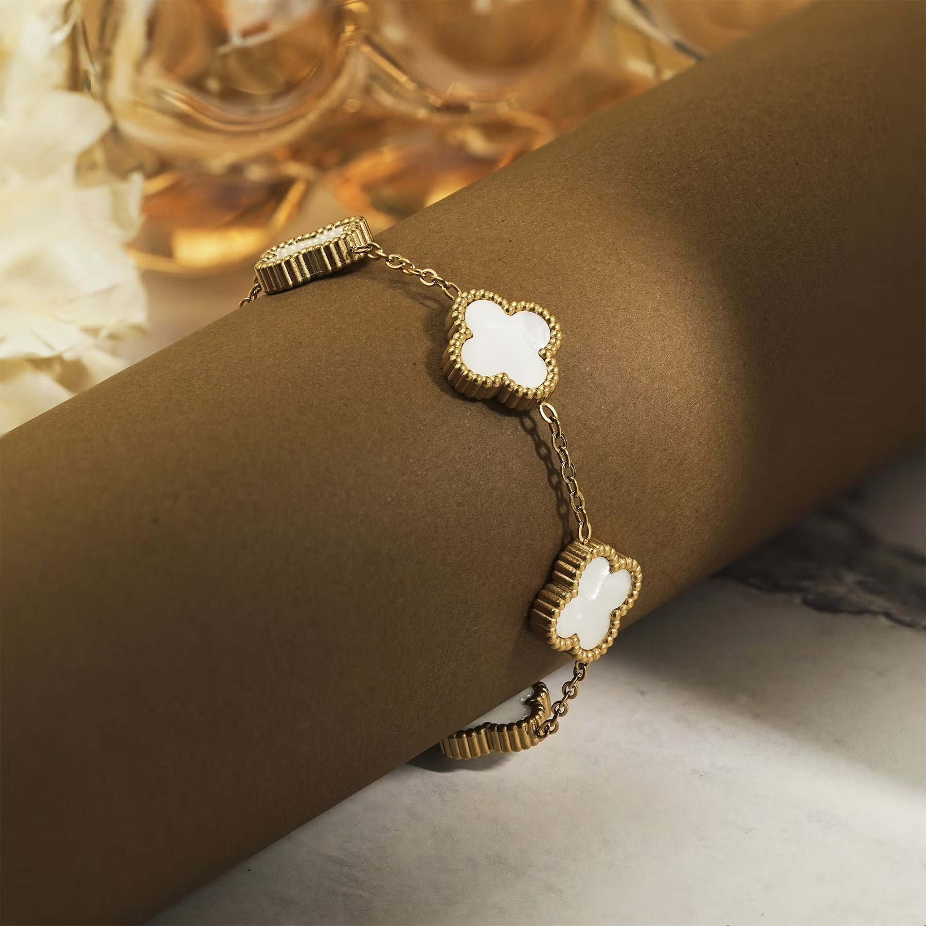 JeenMata White Flower Link Bracelet in Yellow Gold Plated
