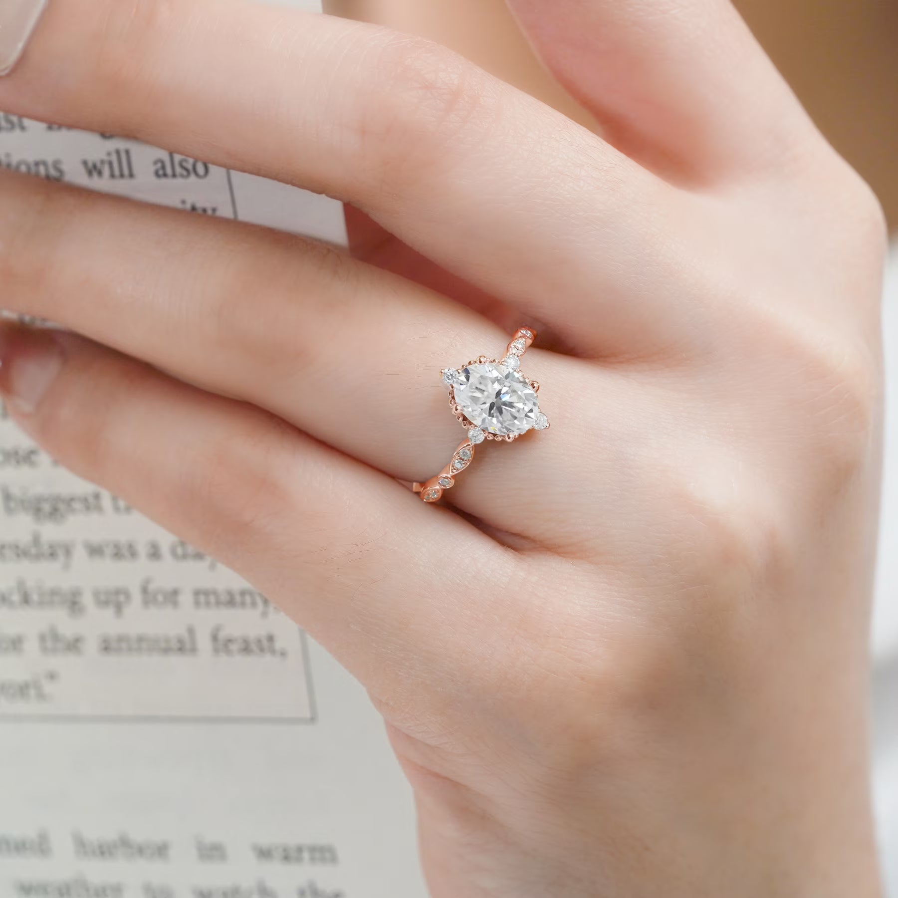 JeenMata 1.5 Carat Moissanite Oval Shape - Vintage Filigree Bezel 5-Stone Milgrain Decorative Engagement Ring In 18K Rose Gold Plating for Women