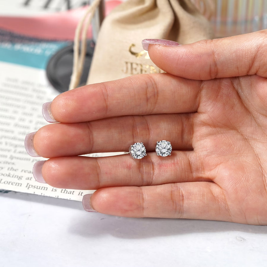 JeenMata 2 Carat Round Shaped Moissanite Solitaire Stud Earrings - 4 Prong - In 18K White Gold Plating Over Silver