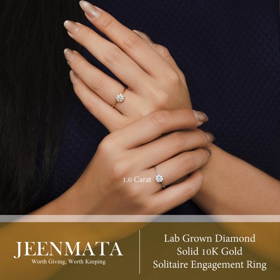 JeenMata Lab Grown Diamond 1 Carat Round Cut Solitaire Engagement Ring in Real Solid 10K White Gold for Women, Gift for Her, Female, Girlfriend