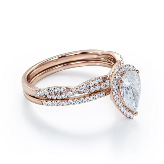 JeenMata Halo Pave Design - 1.25 Carat Teardrop Moissanite - Infinity Twisted Shank Wedding Ring Set - 18K Rose Gold Plating for Women
