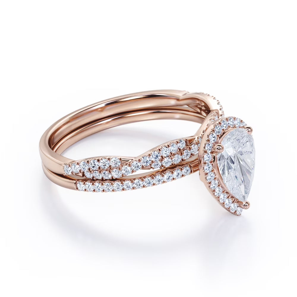 JeenMata Halo Pave Design - 1.25 Carat Teardrop Moissanite - Infinity Twisted Shank Wedding Ring Set - 18K Rose Gold Plating for Women
