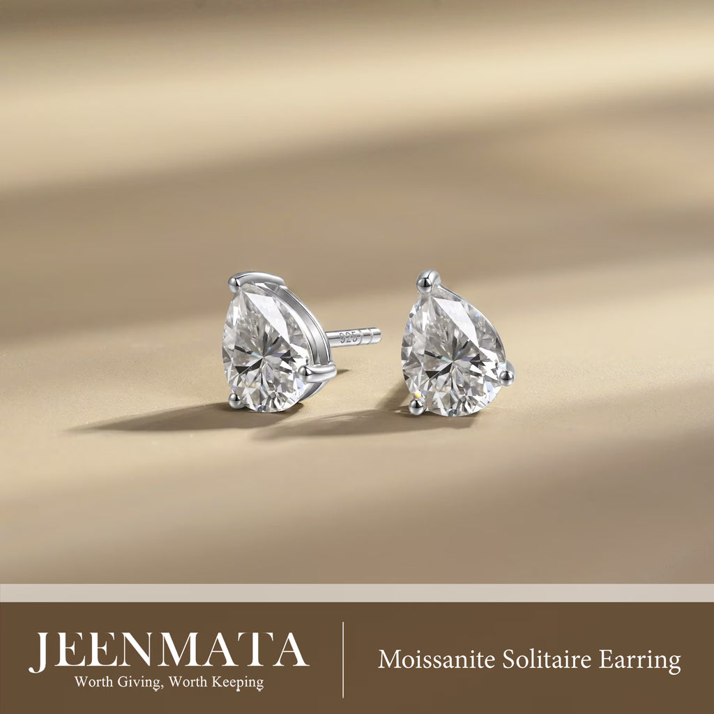 JeenMata 2 Carat Pear Cut Moissanite Minimalist Solitaire Stud Earrings in 18k White Gold Plating for Women