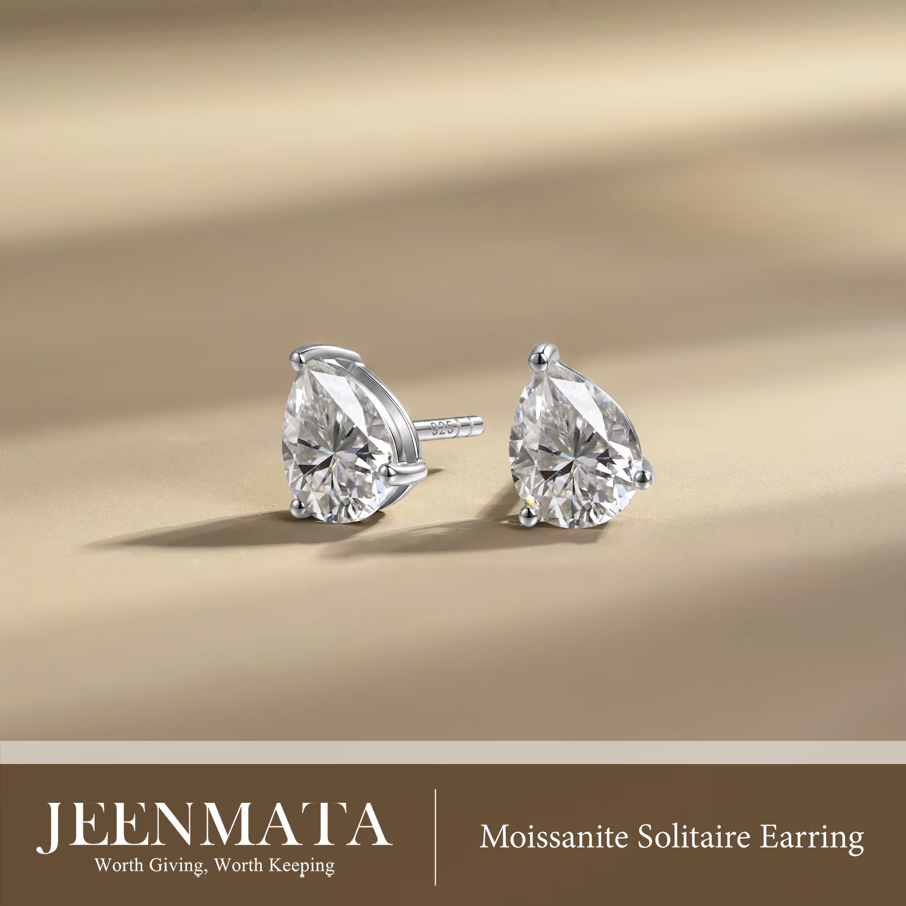 JeenMata Minimalist - 1 Carat Teardrop Moissanite - Solitaire Stud Earrings in 18k White Gold Plating for Women