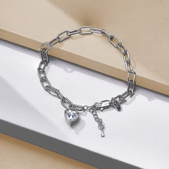 JeenMata 3 Carat April Heart & Key Charm Birthstone Bracelet - 18K White Gold Plating for Women