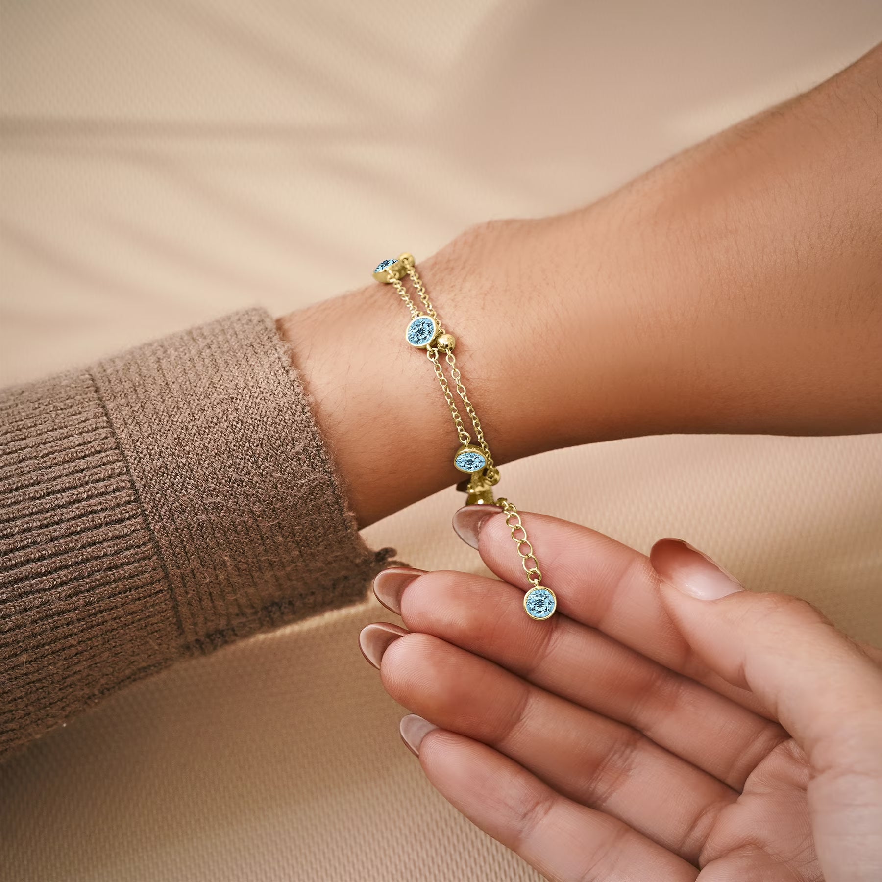 JeenMata 3.5 Carat March Aquamarine Birthstone Double Layer Bracelet - in Yellow Gold Plating for Women