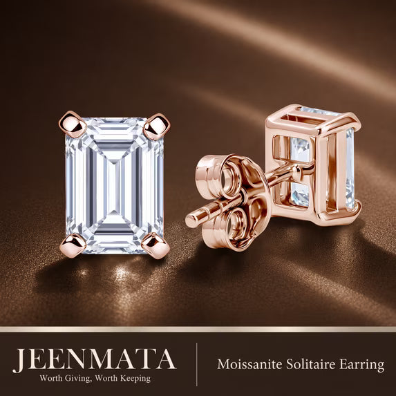 JeenMata 2 Carat Emerald Solitaire Moissanite Stud Earrings for Women, Earrings for Men, 18K Rose Gold Plated, Hypoallergenic Earrings, D VS1, Stud Earring for Woman, Jewelry, Gift, Earrings