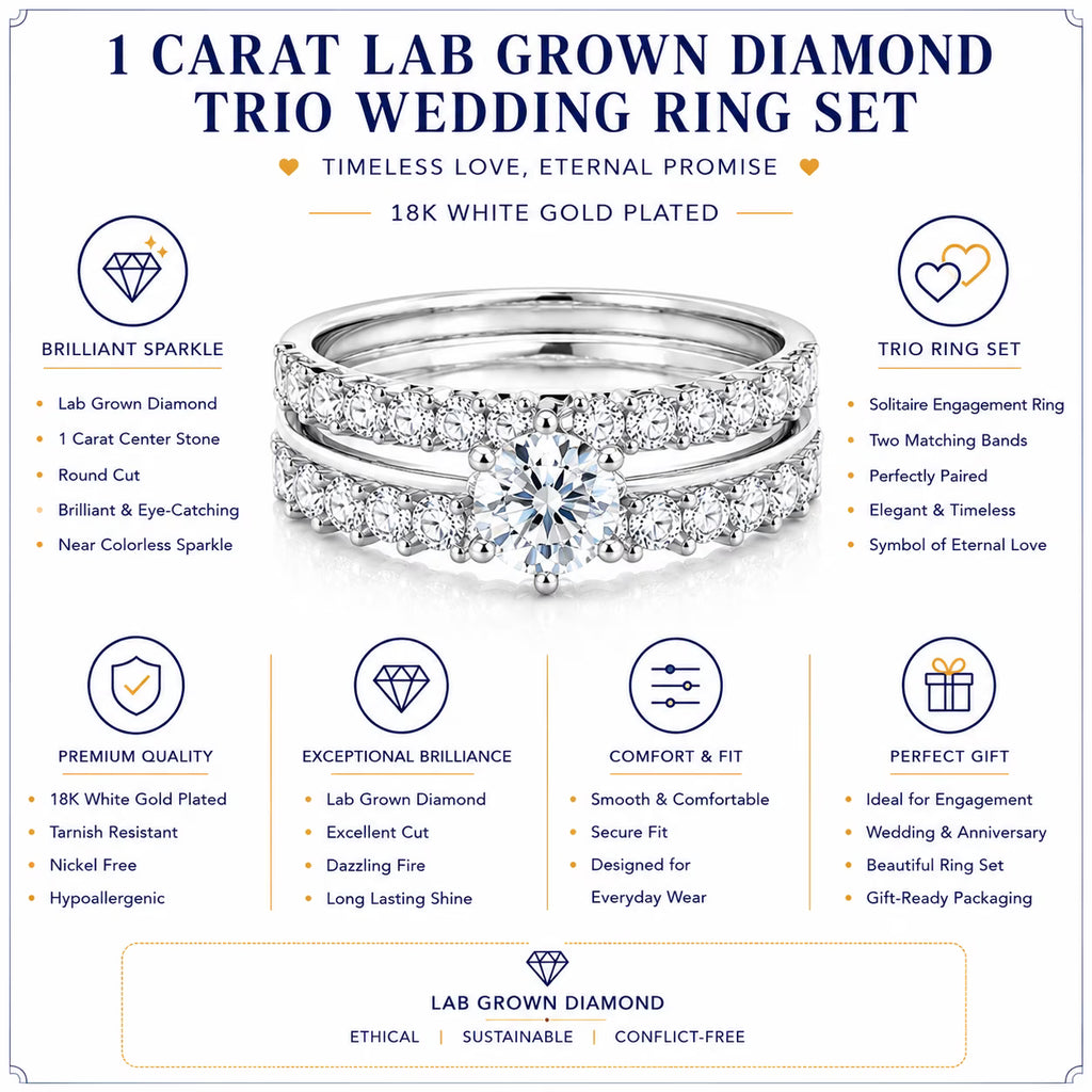 JeenMata 1 Carat Lab Grown Diamond Round Cut Trio Wedding Set - Solitaire Engagement Rings Set with Double Band in 18K White Gold Plating for Women's Ring Jewelry
