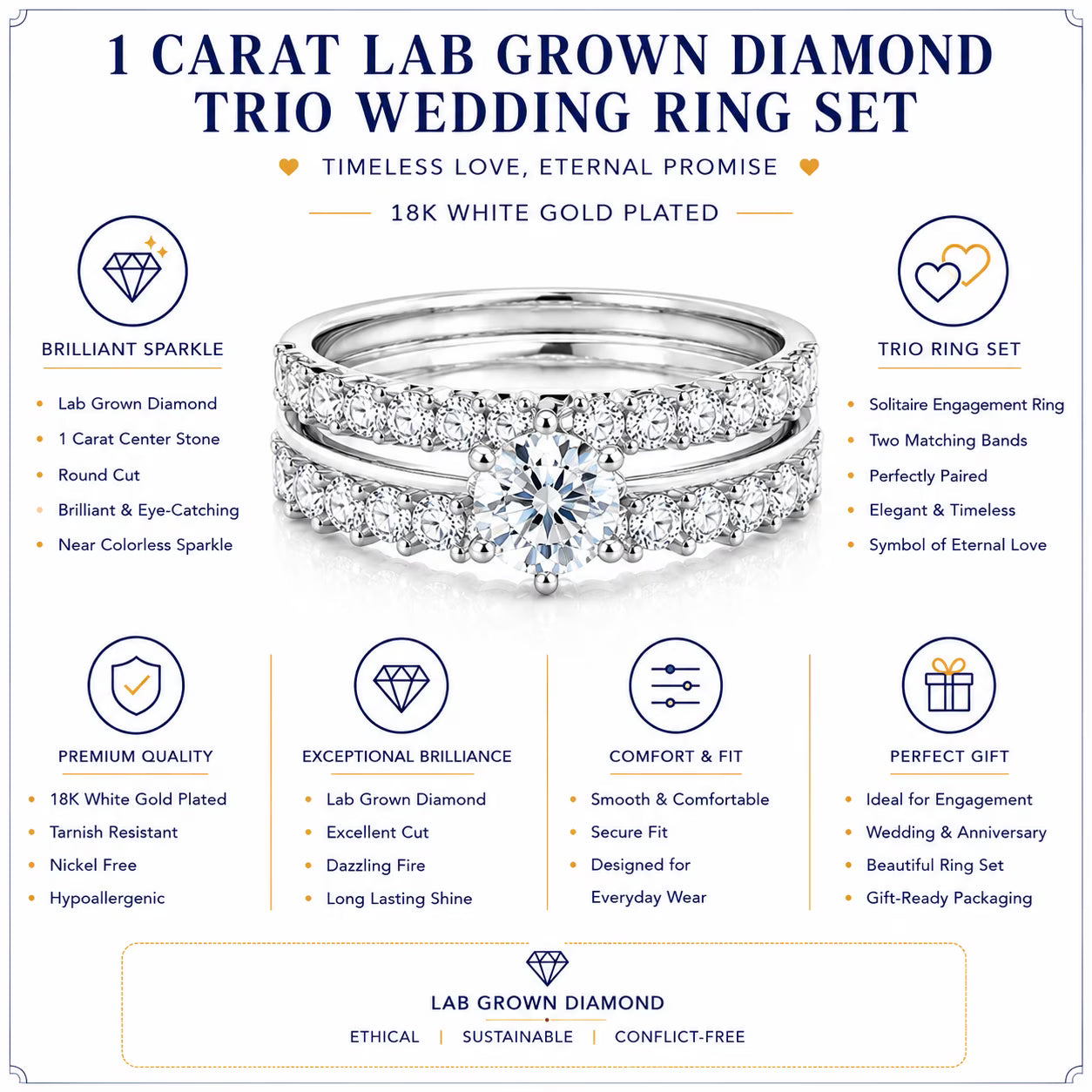 JeenMata 1 Carat Lab Grown Diamond Round Cut Trio Wedding Set - Solitaire Engagement Rings Set with Double Band in 18K White Gold Plating for Women's Ring Jewelry