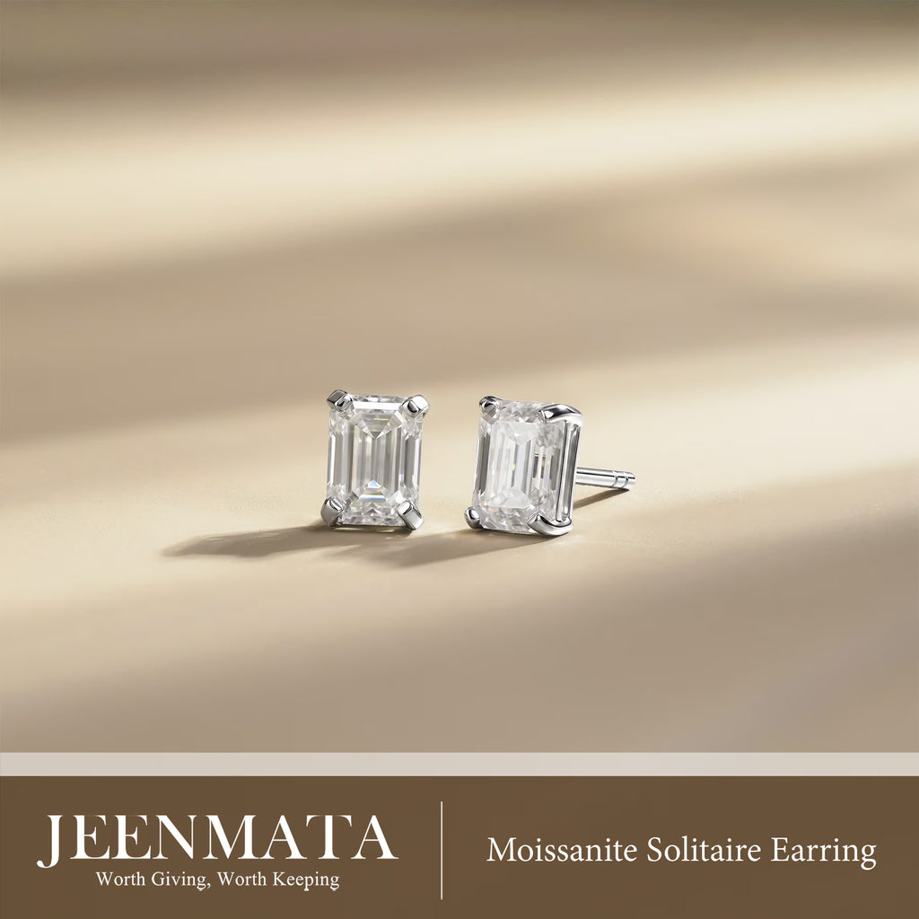 JeenMata Minimalist 4 Carat Emerald Cut Moissanite Solitaire Stud Earrings in 18k White Gold Plating for Women