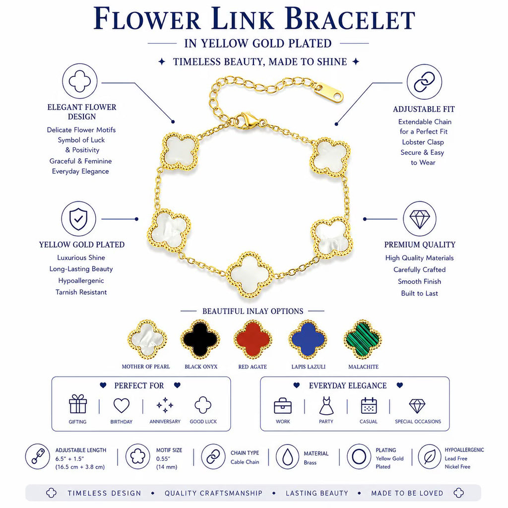 JeenMata White Flower Link Bracelet in Yellow Gold Plated
