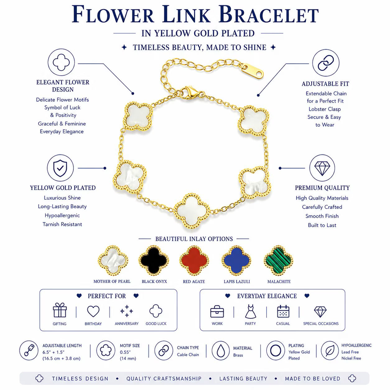 JeenMata Black Flower Link Bracelet in Yellow Gold Plated