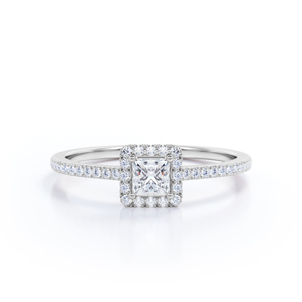 Pave 1 Carat Princess Cut Moissanite Halo Engagement Ring