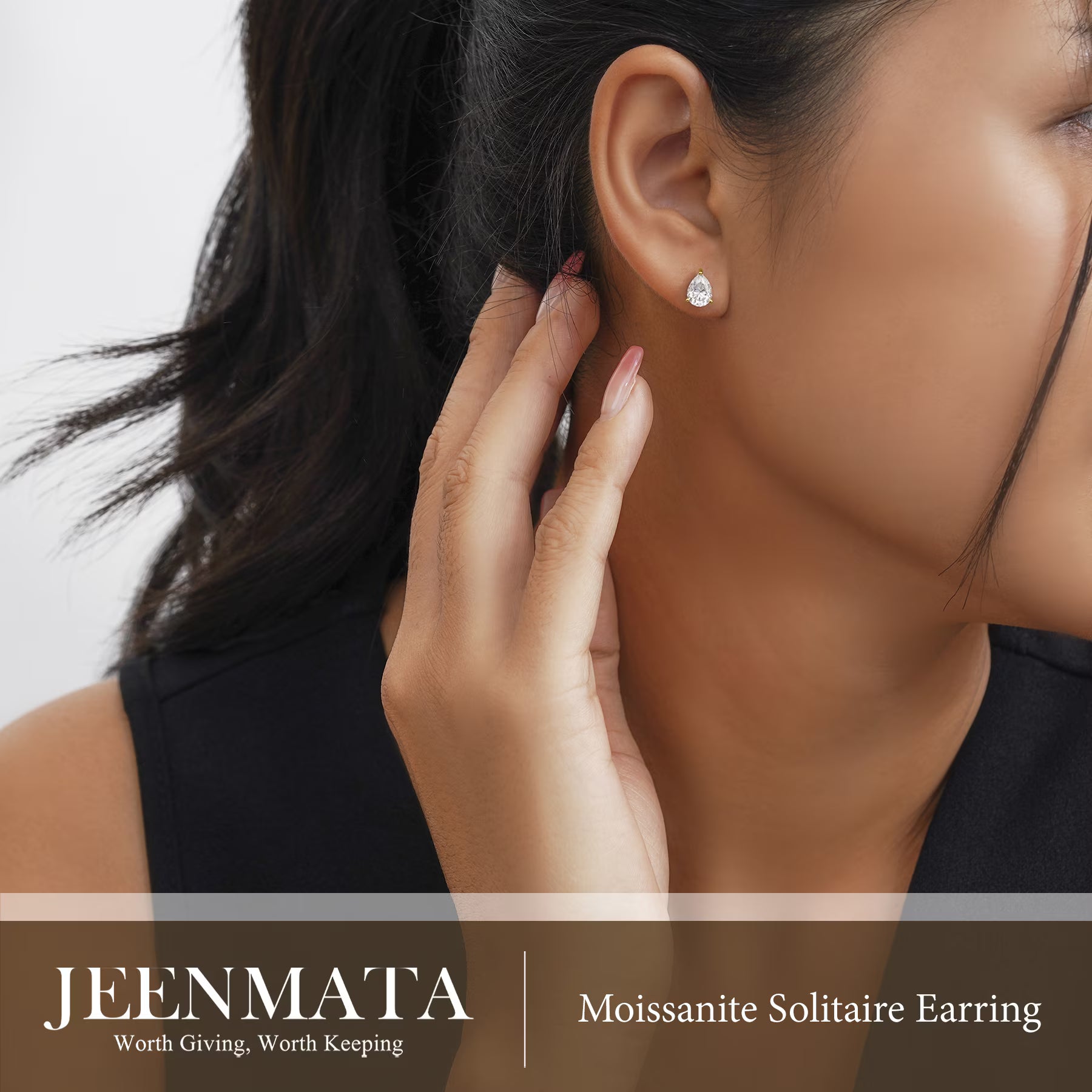 JeenMata 2 Carat Pear Cut Moissanite Minimalist Solitaire Stud Earrings in 18k Yellow Gold Plating for Women