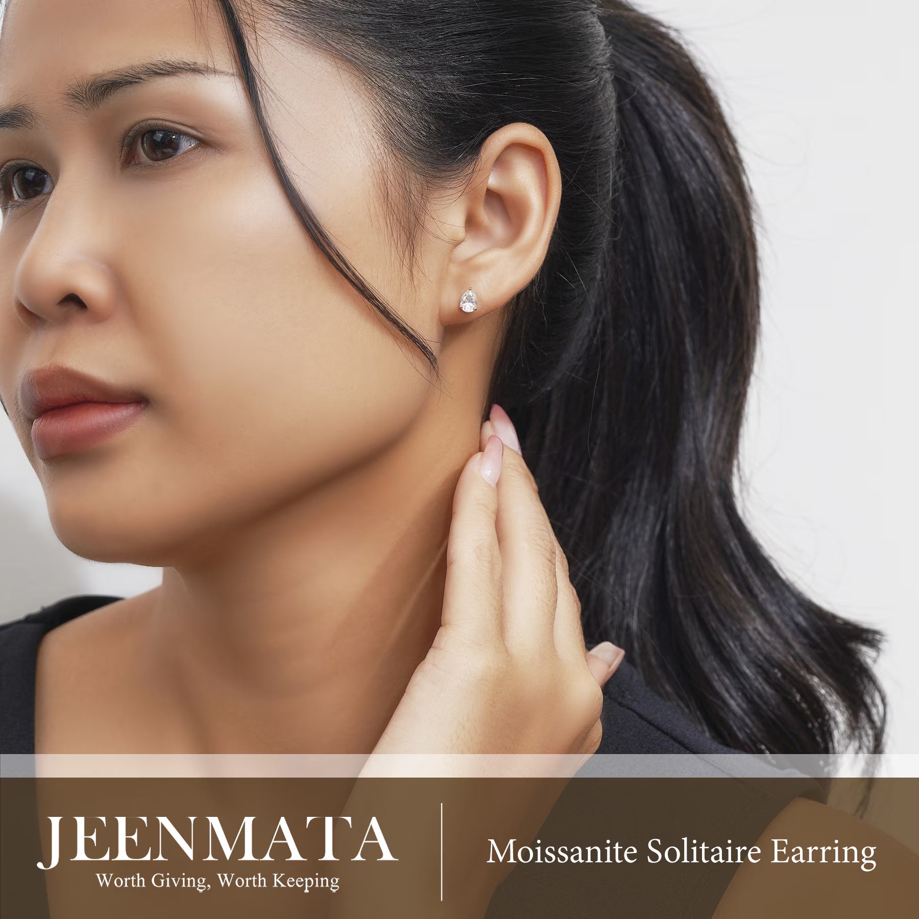 JeenMata Minimalist - 1 Carat Teardrop Moissanite - Solitaire Stud Earrings in 18k White Gold Plating for Women