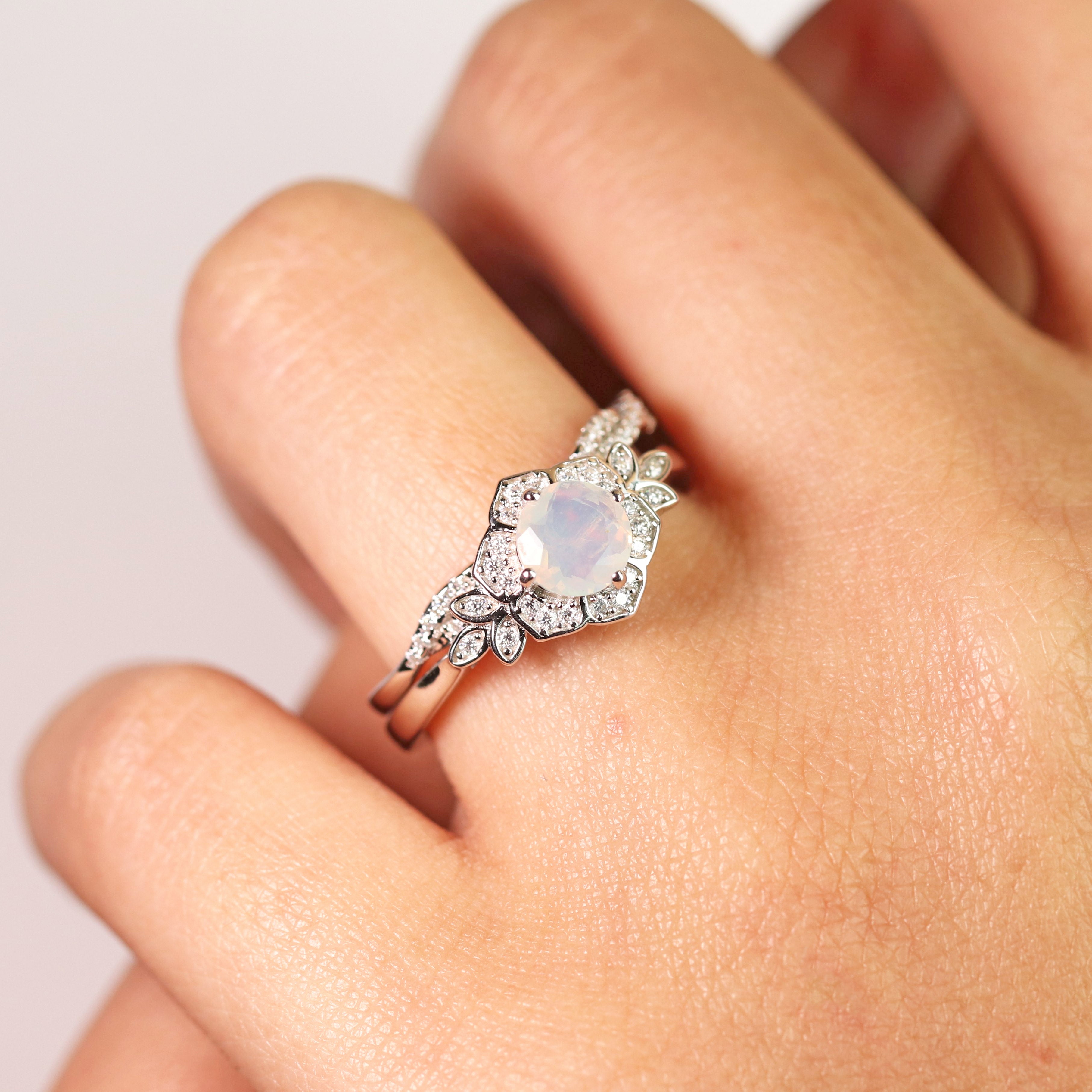 JeenMata 1.75 ct Genuine Round Blue Opal and Moissanite Bridal Ring Set in 18K White Gold over Silver