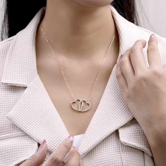 JeenMata Lab Grown Diamond Interlocking Heart Shape Pendant Necklace in Rose Gold Plating