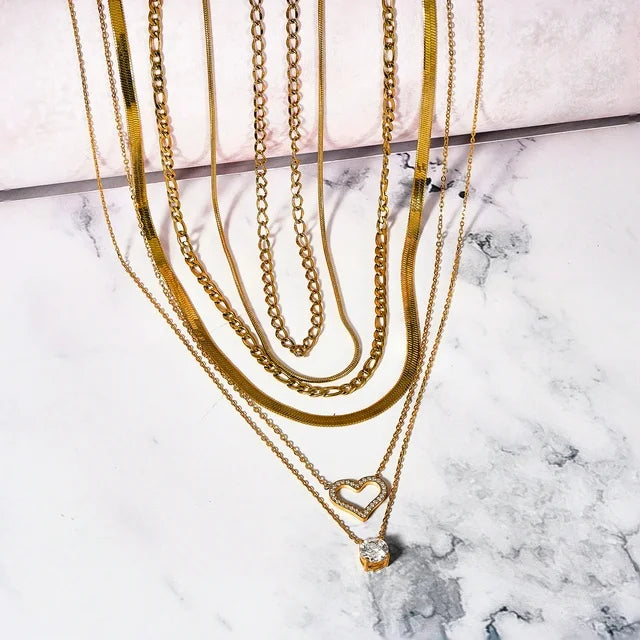 JEENMATA Multipack 6 pc Women Layered Necklace Pendant, Yellow Gold Plating, Gold Chain, Choker Necklace, Herringbone Layered Necklace Jewelry Gift