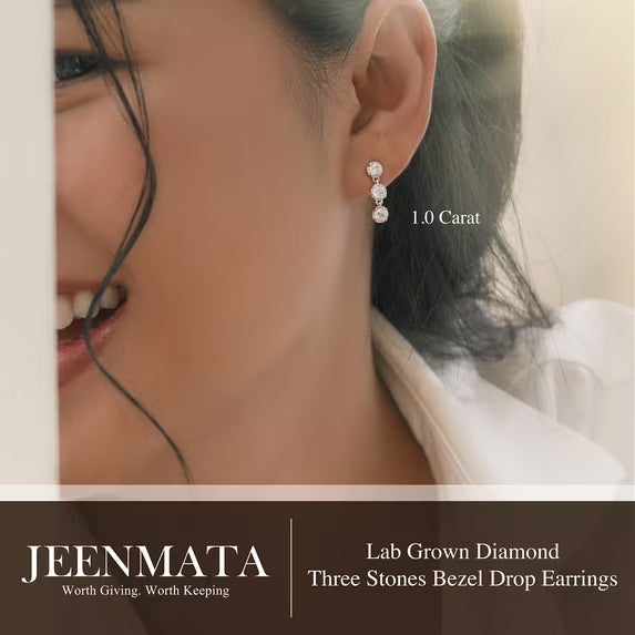 JeenMata 1 Carat Lab Grown Diamond Bezel Drop Earring - Classic Round Cut Three Stones Dangle Earrings in 18K White Gold Plating for Women, Gift for Her