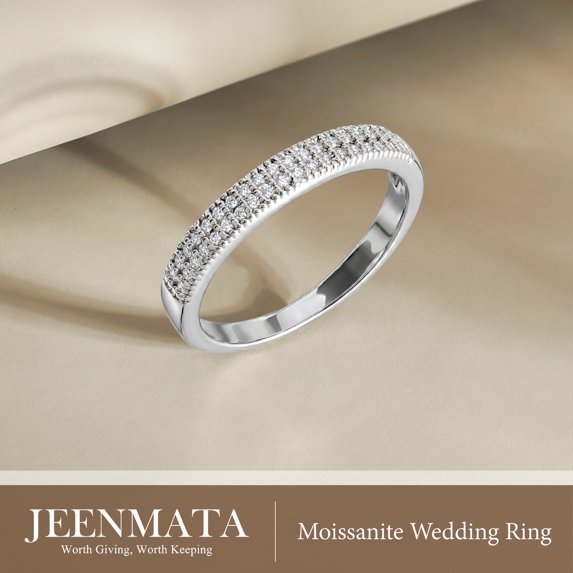 JeenMata Moissanite Stackable Anniversary Ring - Micro Pave Half Eternity Wedding Rings for Women in 18K White Gold Plating, Gift for Her, Gift for Women