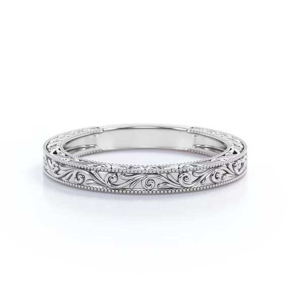 JeenMata Vintage Filigree Wedding Band - Milgrain Edge - in 18k White Gold Plating for Women
