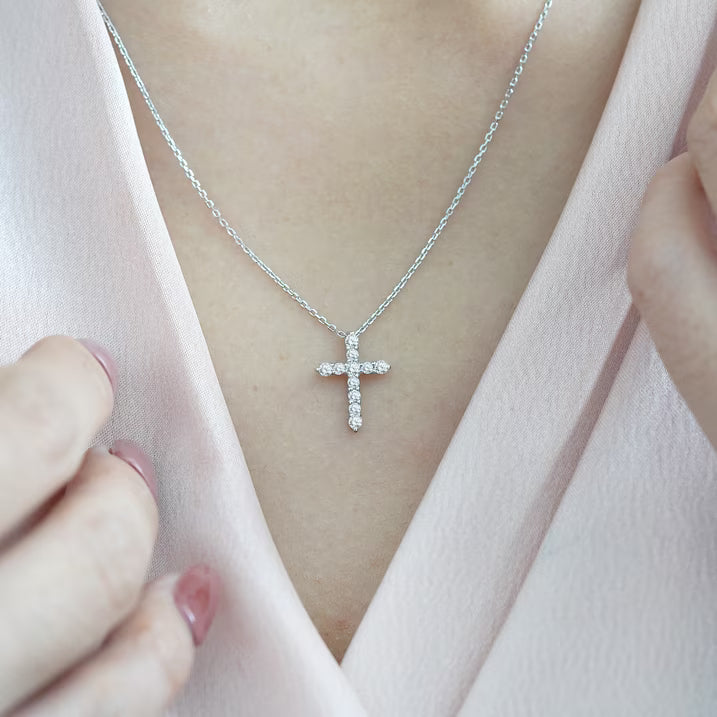 JeenMata Lab Grown Diamond Cross Pendant Necklace in 18K White Gold Plating for Women