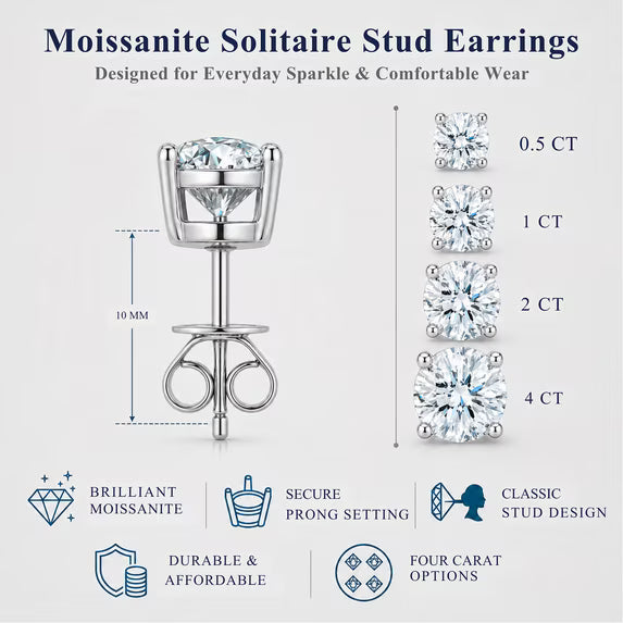 JeenMata 0.5 Carat Round Solitaire Moissanite Stud Earrings for Women, Earrings for Men, 18K White Gold Plated, Hypoallergenic Earrings, D VS1, Stud Earring for Woman, Jewelry, Gift, Earrings