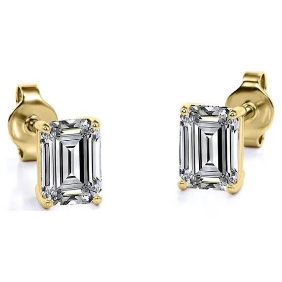 JeenMata Minimalist 1 Carat Emerald Cut Moissanite Solitaire Stud Earrings In 18K Rose Gold Plating Over Silver