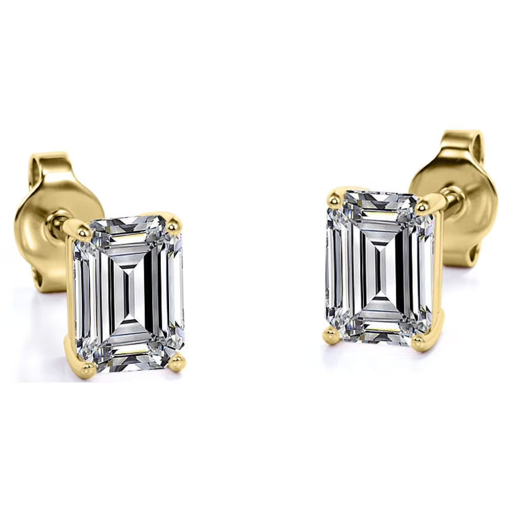JeenMata Minimalist 1 Carat Emerald Cut Moissanite Solitaire Stud Earrings In 18K Yellow Gold Plating Over Silver
