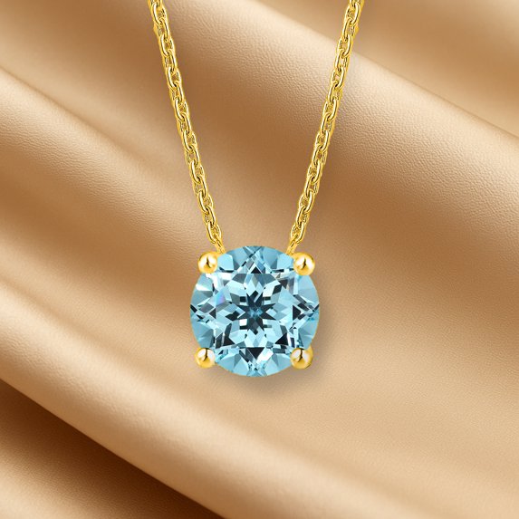 JeenMata 1.75 Carat Blue Topaz - December Birthstone Solitaire Pendant Necklace in 18K Yellow Gold Plated, Female, Adult