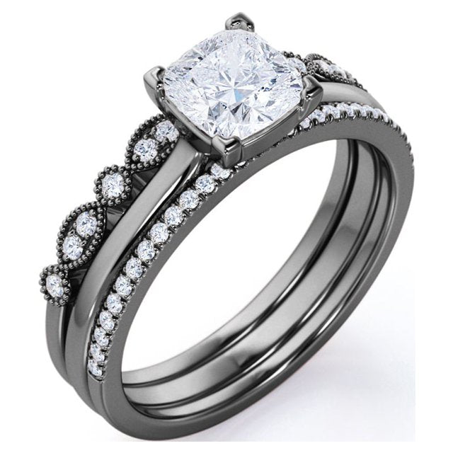 JeenMata 3.25 Carat Princess Wedding Ring Set - Bridal Set - Wedding Trio Set - Engagement Ring - Art Deco Ring - Promise Ring - Sterling Silver