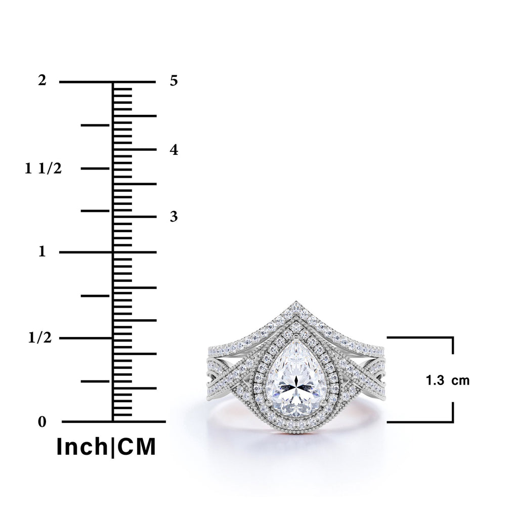 JeenMata 1.5 Carat Pear Cut Moissanite Wedding Set - Bridal Set - Art Deco Ring - Halo Ring - Cluster Ring - 18k Rose Gold Plated for Women