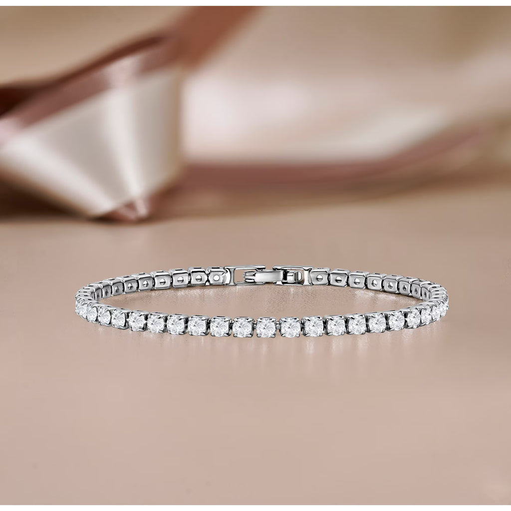 JeenMata 3 Carat Round Cut Moissanite Tennis Bracelet Eternity Design in 18K White Gold over Silver, Female, Adult