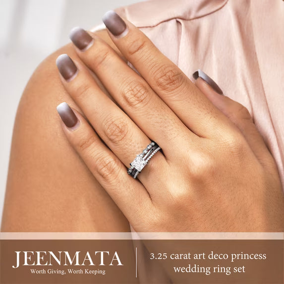 JeenMata 3.25 Carat Princess Wedding Ring Set - Bridal Set - Wedding Trio Set - Engagement Ring - Art Deco Ring - Promise Ring - Sterling Silver