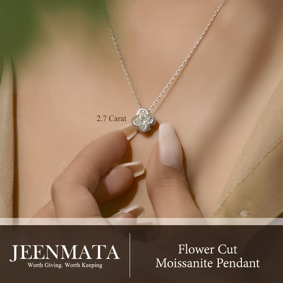 JeenMata 2.7 Carat Flower Cut Moissanite Pendant - Danity Clover Design Necklace in 18K White Gold Plated for Women