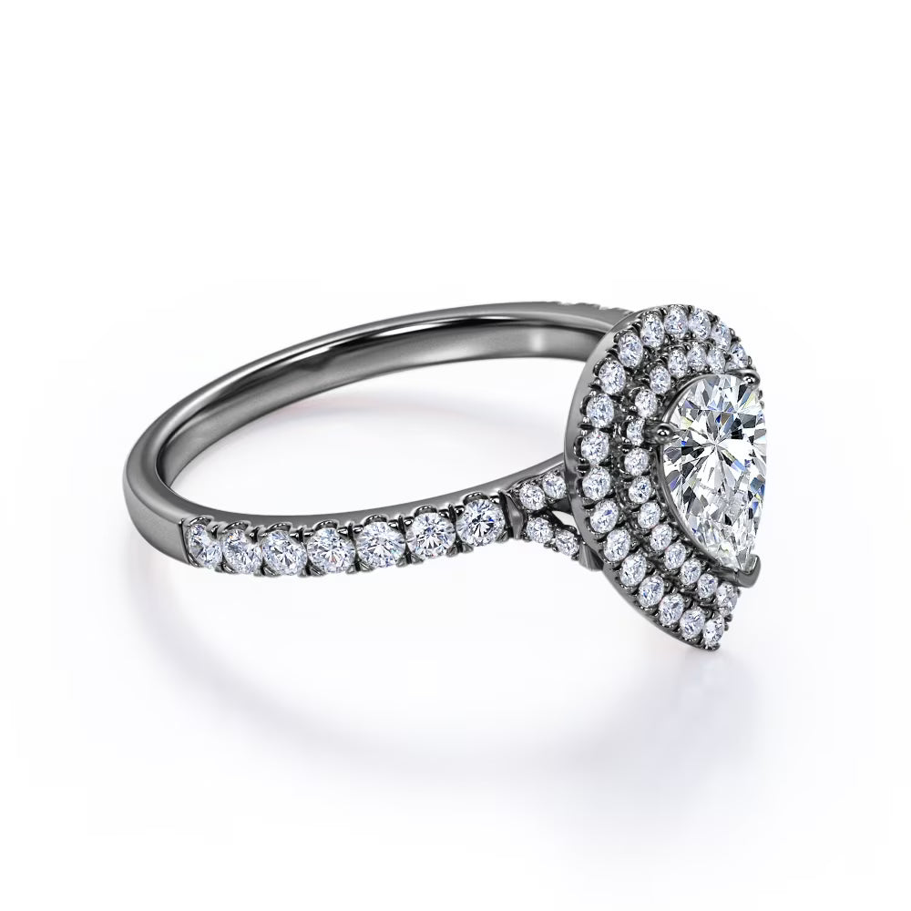 JeenMata Pave Style 1 Carat Pear-Shaped Moissanite Double Halo Cluster Engagement Ring in Black Plating for Women