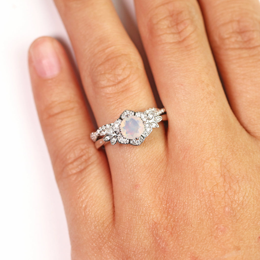JeenMata 1.75 ct Genuine Round Blue Opal and Moissanite Bridal Ring Set in 18K White Gold over Silver