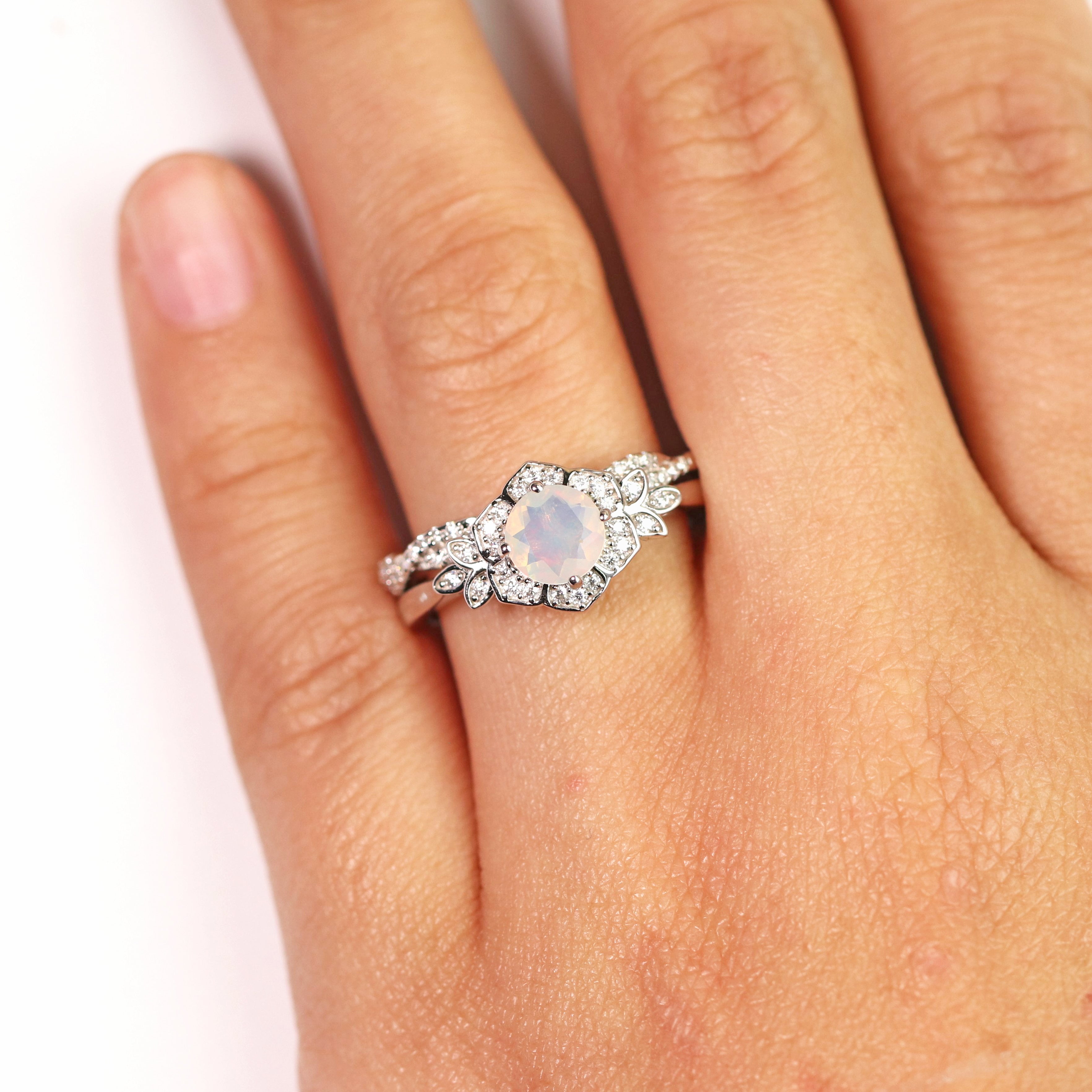 JeenMata 1.75 ct Genuine Round Blue Opal and Moissanite Bridal Ring Set in 18K White Gold over Silver