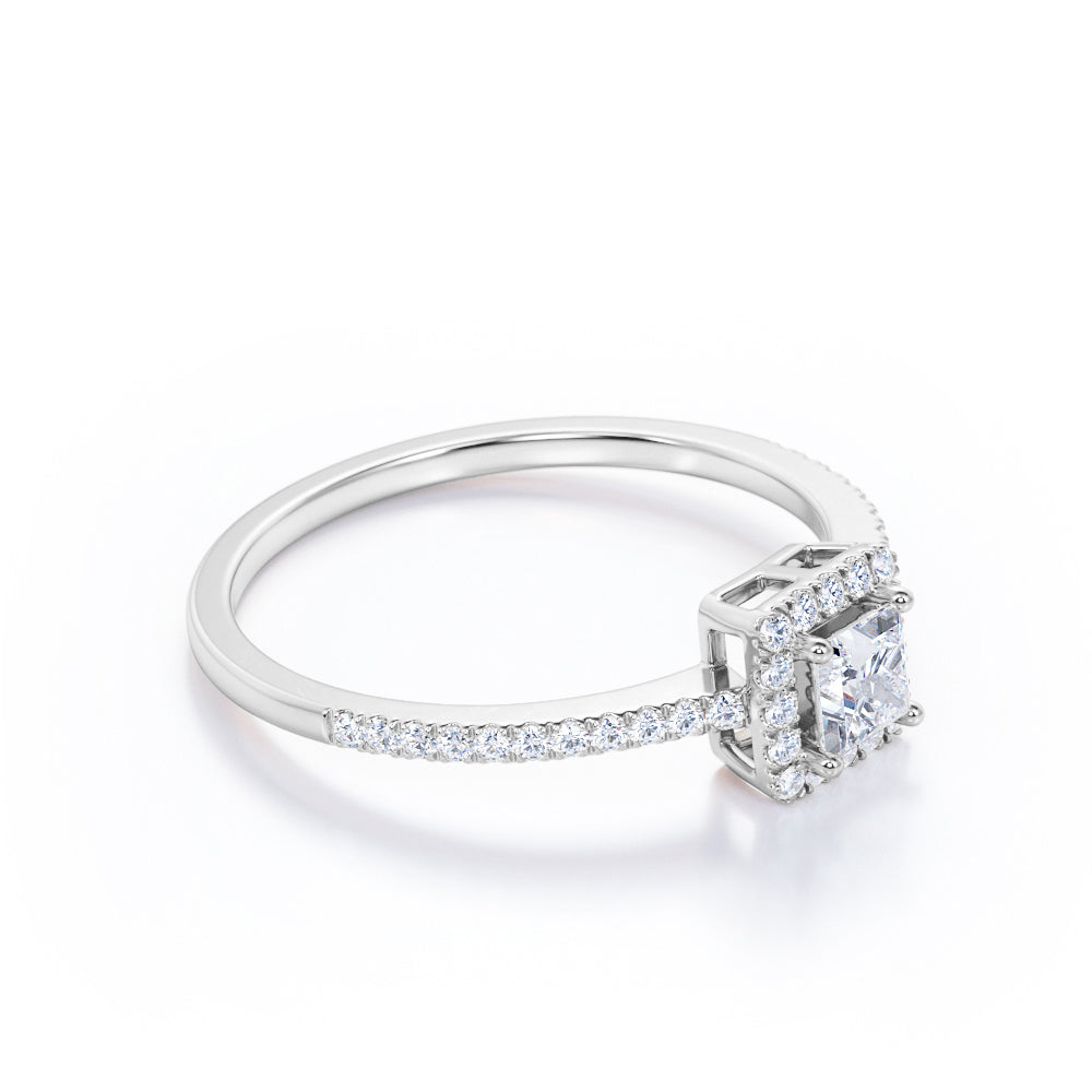 Pave 1 Carat Princess Cut Moissanite Halo Engagement Ring