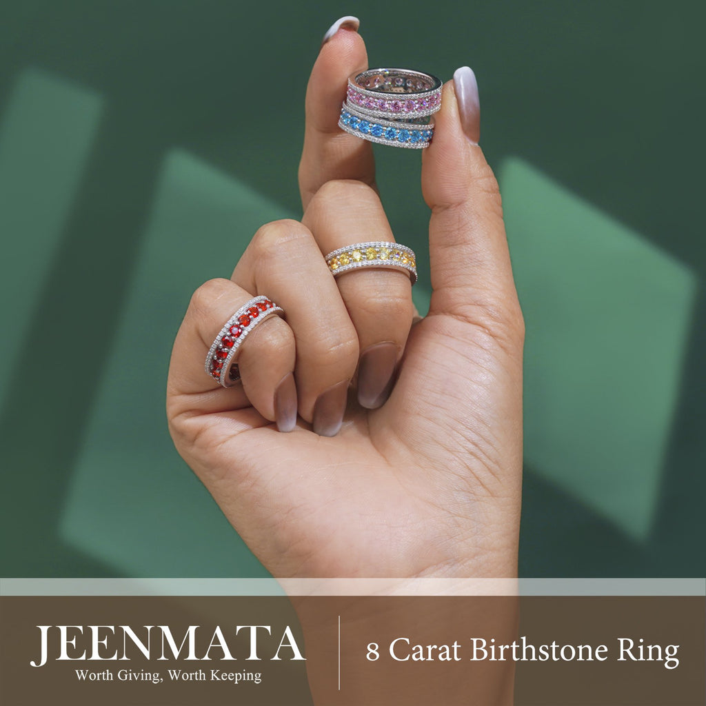 JeenMata 8 Carat Round Cut - July Birthstone Eternity Band Ring - Ruby Cubic Zirconia Halo Anniversary Wedding Band in 18K White Gold Plating for Women