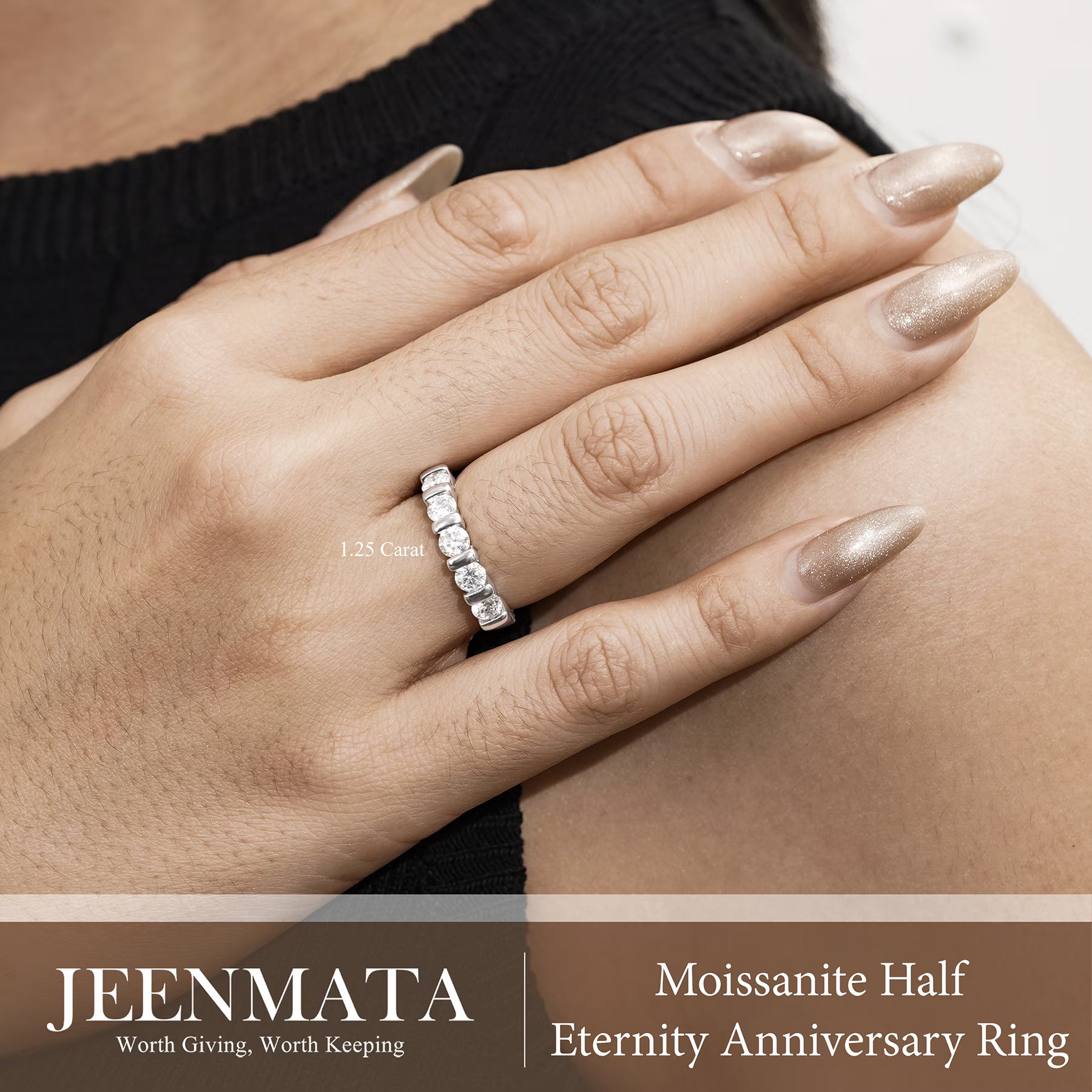 JeenMata 1.25 Carat Moissanite Half Eternity Anniversary Ring - Stackable Wedding Band Rings for Women in 18K White Gold Plating, Wedding Gift for Her