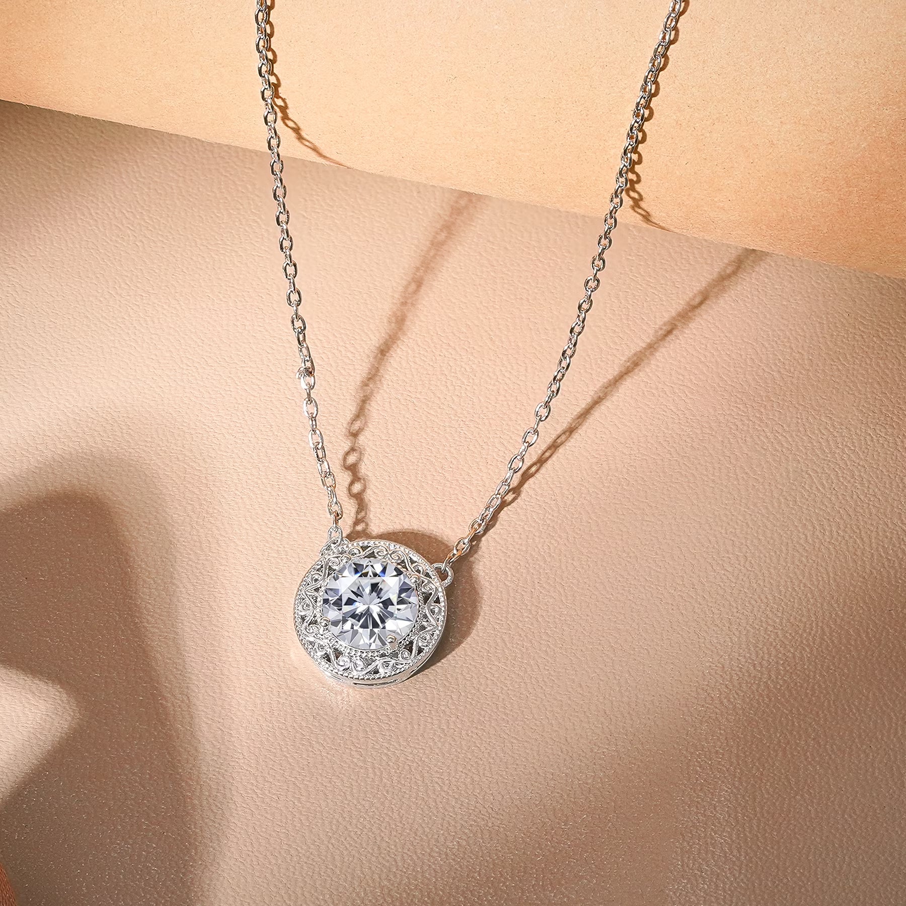 JeenMata 2 Carat Round Moissanite Pendant Necklaces - Vintage Inspired Pendant Necklace in 18K White Gold Plating Jewelry for Women
