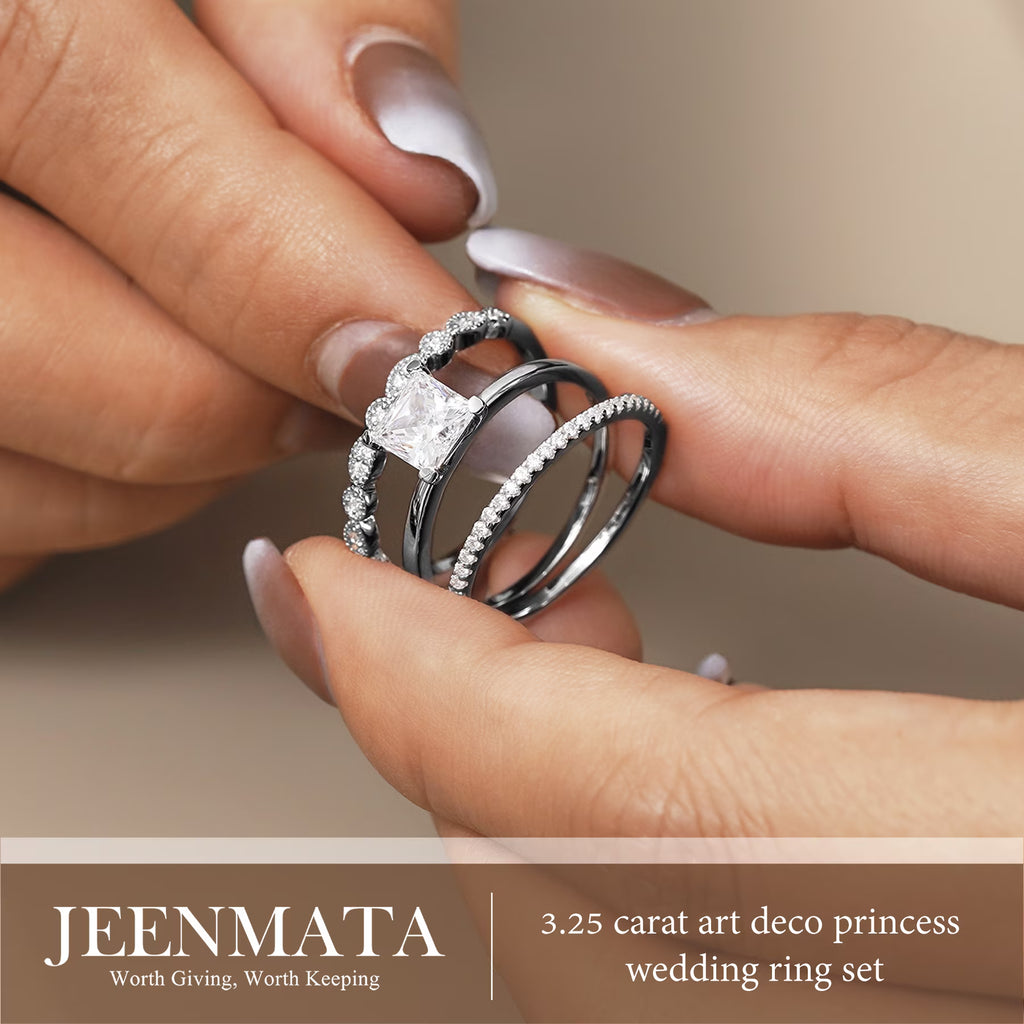 JeenMata 3.25 Carat Princess Wedding Ring Set - Bridal Set - Wedding Trio Set - Engagement Ring - Art Deco Ring - Promise Ring - Sterling Silver